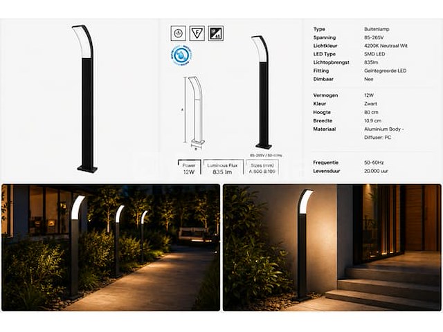 8 x led buiten sokkel lamp – 12w – 4200k neutraal wit - zwart – ip65 – prestige-4 - afbeelding 4 van  5