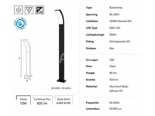 8 x led buiten sokkel lamp – 12w – 4200k neutraal wit - zwart – ip65 – prestige-4 - afbeelding 5 van  5