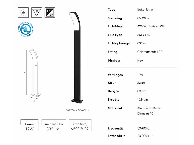 8 x led buiten sokkel lamp – 12w – 4200k neutraal wit - zwart – ip65 – prestige-4 - afbeelding 5 van  10