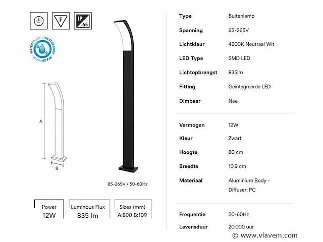 8 x led buiten sokkel lamp – 12w – 4200k neutraal wit - zwart – ip65 – prestige-4 - afbeelding 4 van  5