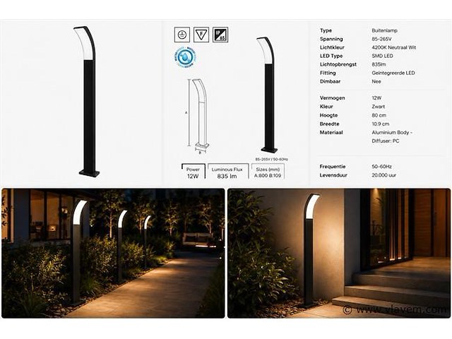 8 x led buiten sokkel lamp – 12w – 4200k neutraal wit - zwart – ip65 – prestige-4 - afbeelding 5 van  5