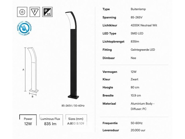 8 x led buiten sokkel lamp – 12w – 4200k neutraal wit - zwart – ip65 – prestige-4 - afbeelding 5 van  6