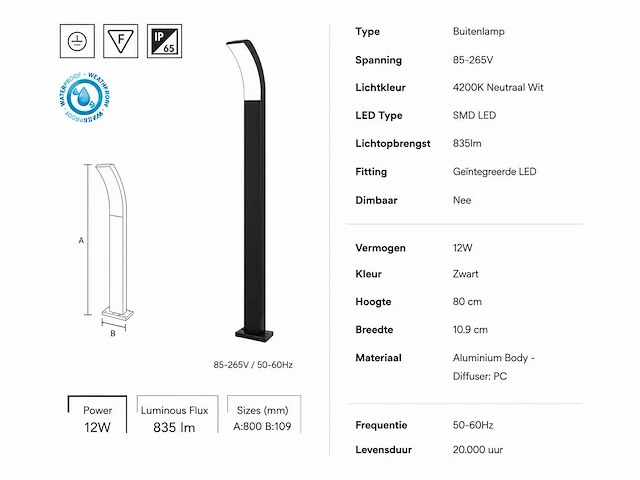 8 x led buiten sokkel lamp – 12w – 4200k neutraal wit - zwart – ip65 – prestige-4 - afbeelding 5 van  10