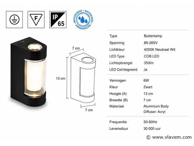 8 x led buiten wandlamp – 6w – 4200k neutraal wit - zwart – ip65 – vector-6 - afbeelding 4 van  5