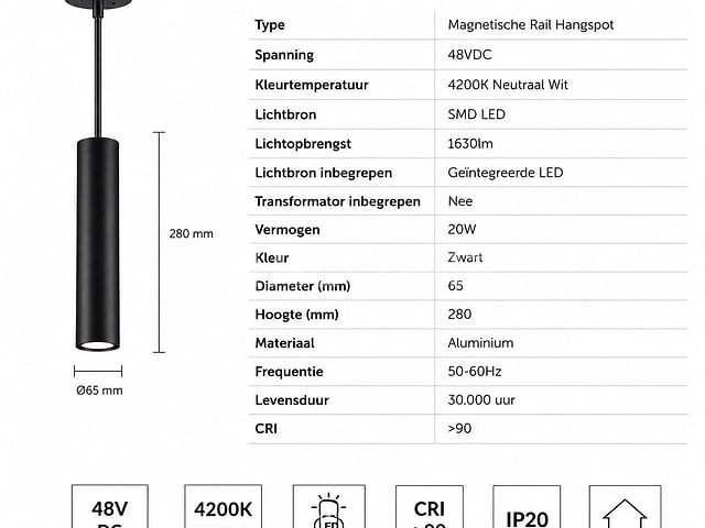 8 x led hangspot voor magnetische rail – 48v – 20w – 4200k neutraal wit - afbeelding 3 van  5