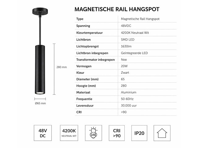 8 x led hangspot voor magnetische rail – 48v – 20w – 4200k neutraal wit - afbeelding 4 van  5