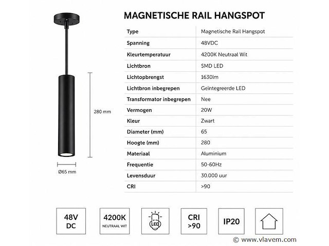 8 x led hangspot voor magnetische rail – 48v – 20w – 4200k neutraal wit - afbeelding 4 van  5