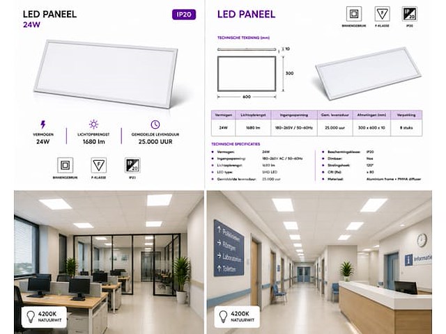 8 x led paneel 24w – 4200k neutraal wit - 595x295mm – ip20 – zodiac-24 - afbeelding 2 van  5