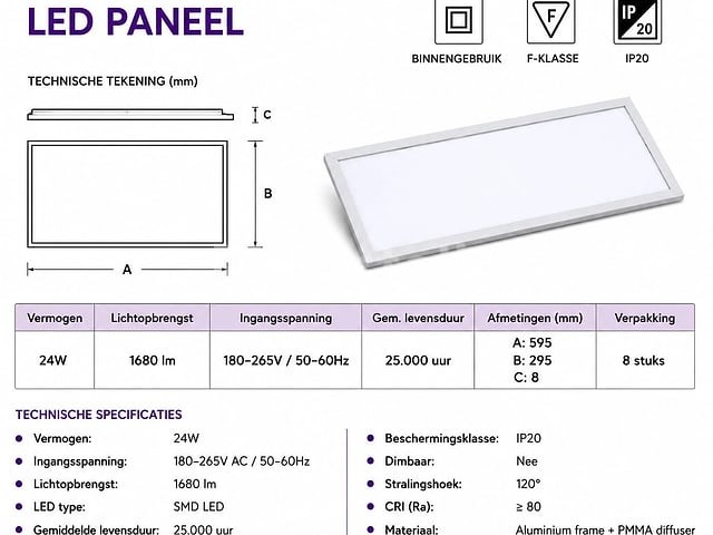 8 x led paneel 24w – 4200k neutraal wit - 595x295mm – ip20 – zodiac-24 - afbeelding 2 van  5