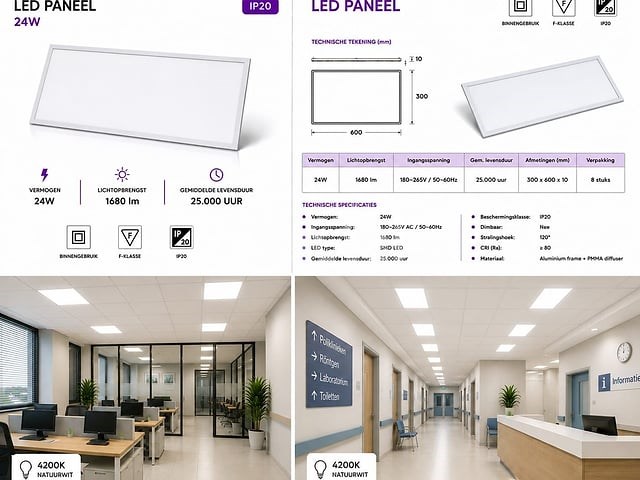 8 x led paneel 24w – 4200k neutraal wit - 595x295mm – ip20 – zodiac-24 - afbeelding 5 van  5