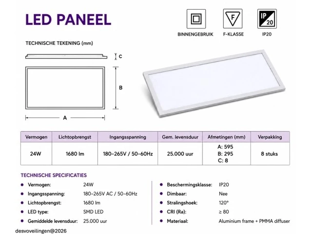 8 x led paneel 24w – 4200k neutraal wit - 595x295mm – ip20 – zodiac-24 - afbeelding 5 van  6
