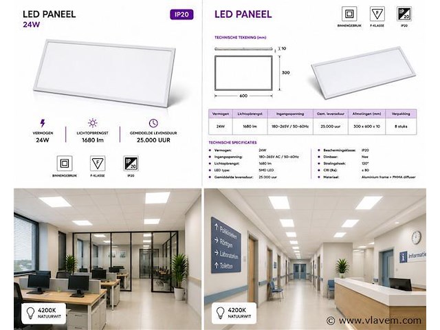 8 x led paneel 24w – 4200k neutraal wit - 595x295mm – ip20 – zodiac-24 - afbeelding 5 van  5