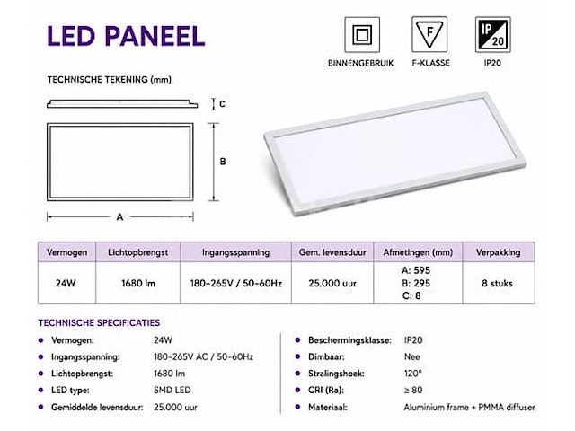 8 x led paneel 24w – 6400k koud wit - 595x295mm – ip20 – zodiac-24 - afbeelding 1 van  5