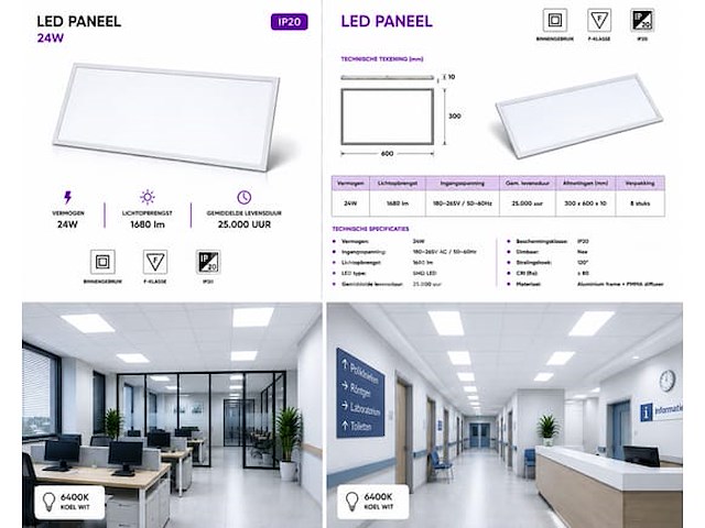 8 x led paneel 24w – 6400k koud wit - 595x295mm – ip20 – zodiac-24 - afbeelding 4 van  5