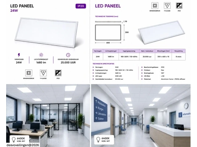 8 x led paneel 24w – 6400k koud wit - 595x295mm – ip20 – zodiac-24 - afbeelding 6 van  6