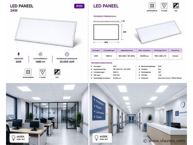 8 x led paneel 24w – 6400k koud wit - 595x295mm – ip20 – zodiac-24 - afbeelding 5 van  5