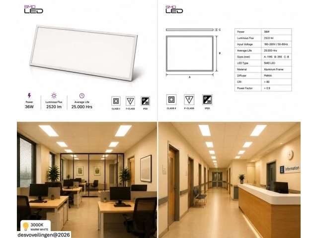 8 x led paneel 36w – 3000k warm wit - 1195x295mm – ip20 – zodiac-36 - afbeelding 6 van  6