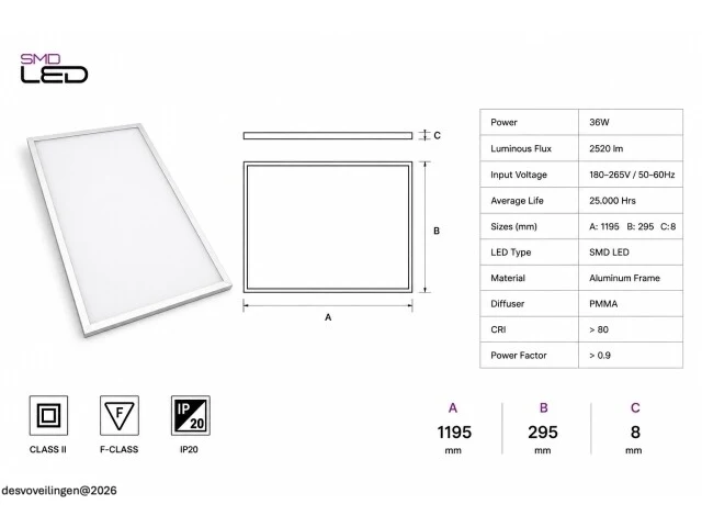 8 x led paneel 36w – 4200k neutraal wit - 1195x295mm – ip20 – zodiac-36 - afbeelding 5 van  6