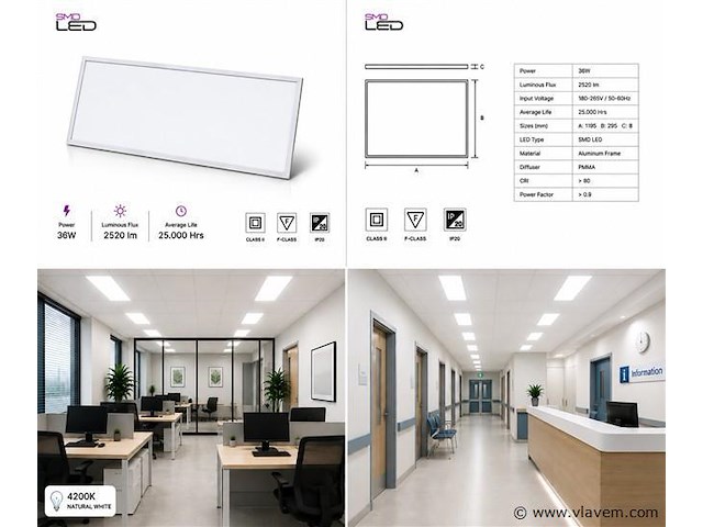 8 x led paneel 36w – 4200k neutraal wit - 1195x295mm – ip20 – zodiac-36 - afbeelding 5 van  5