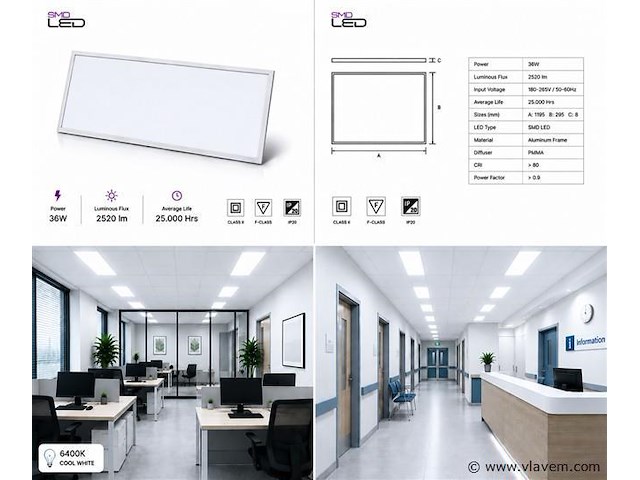 8 x led paneel 36w – 6400k koud wit - 1195x295mm – ip20 – zodiac-36 - afbeelding 5 van  5