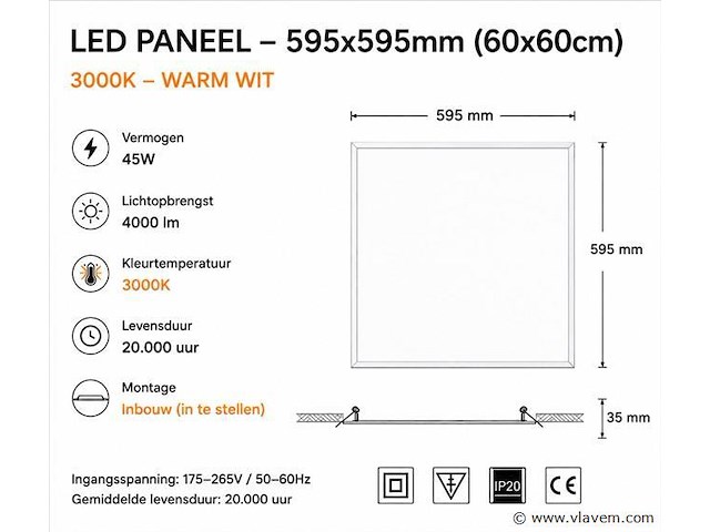 8 x led paneel 45w – 3000k warm wit - 595x595mm – ip20 – galaksi - afbeelding 4 van  5