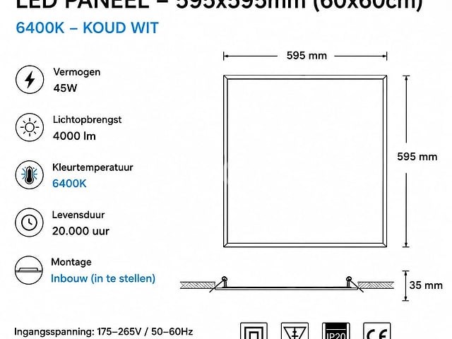 8 x led paneel 45w – 6400k koud wit - 595x595mm – ip20 – galaksi - afbeelding 1 van  5