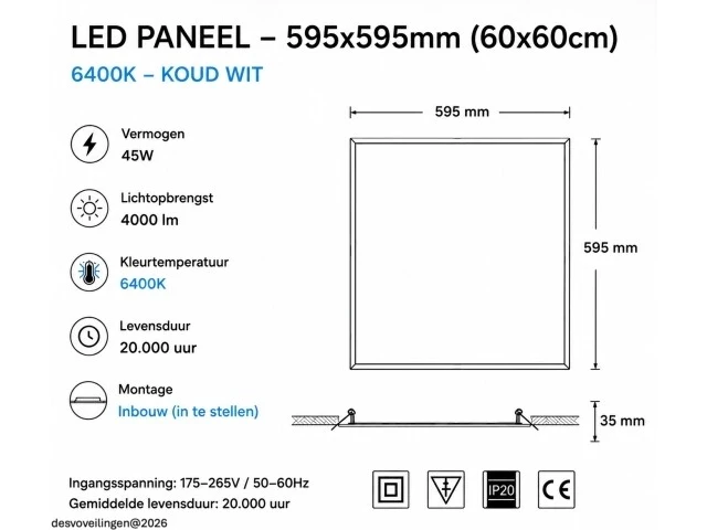 8 x led paneel 45w – 6400k koud wit - 595x595mm – ip20 – galaksi - afbeelding 5 van  6
