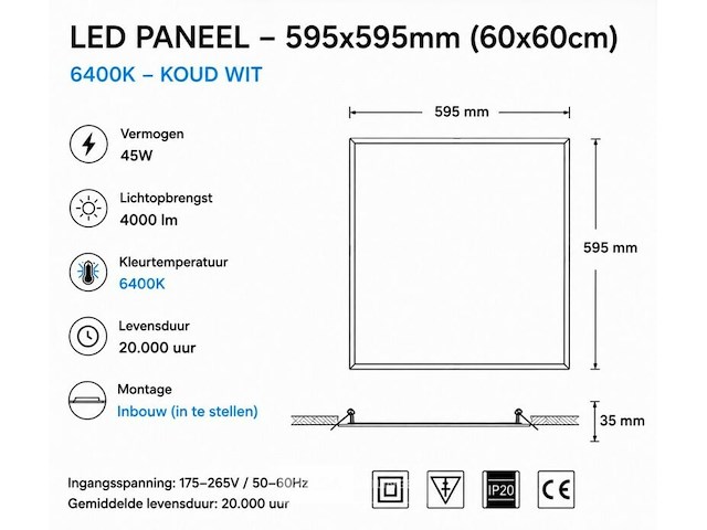 8 x led paneel 45w – 6400k koud wit - 595x595mm – ip20 – galaksi - afbeelding 5 van  6