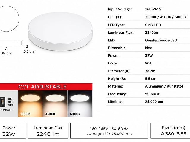 8 x led plafondlamp 32w – 3cct verstelbaar - wit – ip20 – hazel-32 3cct - afbeelding 3 van  5