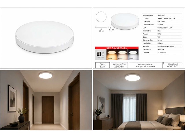 8 x led plafondlamp 32w – 3cct verstelbaar - wit – ip20 – hazel-32 3cct - afbeelding 5 van  5