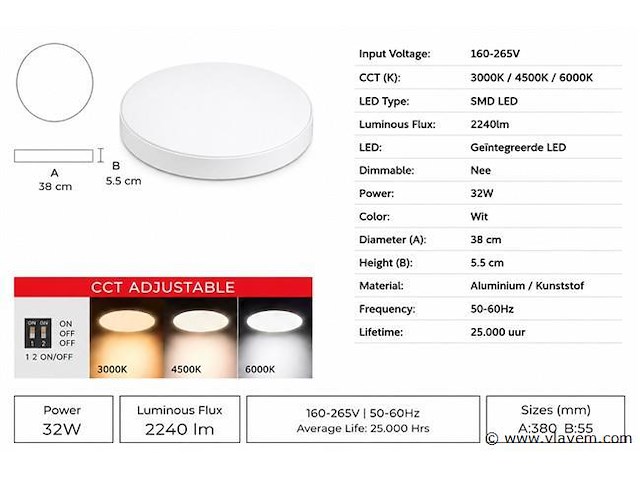 8 x led plafondlamp 32w – 3cct verstelbaar - wit – ip20 – hazel-32 3cct - afbeelding 4 van  5