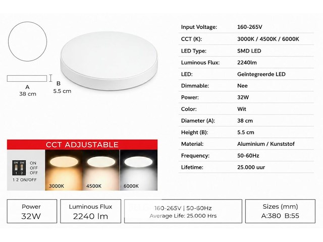 8 x led plafondlamp 32w – 3cct verstelbaar - wit – ip20 – hazel-32 3cct - afbeelding 5 van  6