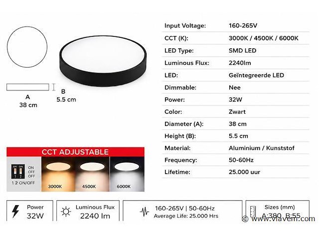 8 x led plafondlamp 32w – 3cct verstelbaar - zwart – ip20 – hazel-32 3cct - afbeelding 4 van  5