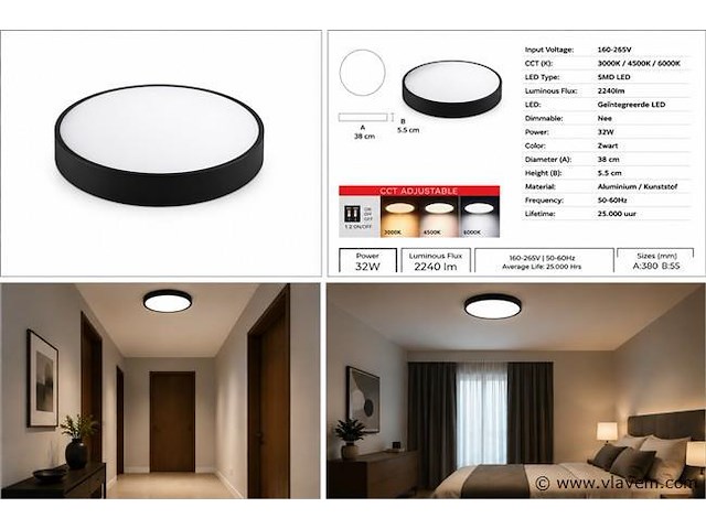 8 x led plafondlamp 32w – 3cct verstelbaar - zwart – ip20 – hazel-32 3cct - afbeelding 5 van  5