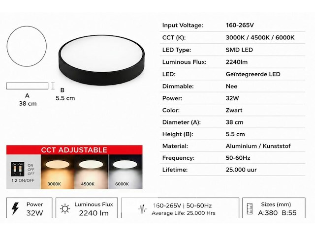 8 x led plafondlamp 32w – 3cct verstelbaar - zwart – ip20 – hazel-32 3cct - afbeelding 5 van  6