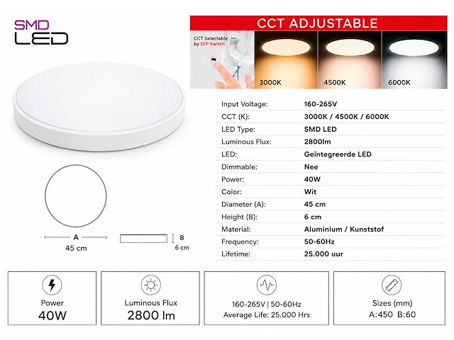 8 x led plafondlamp 40w – 3cct verstelbaar - wit – ip20 – hazel-40 3cct - afbeelding 4 van  5