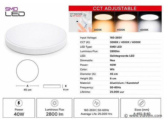 8 x led plafondlamp 40w – 3cct verstelbaar - wit – ip20 – hazel-40 3cct - afbeelding 4 van  5