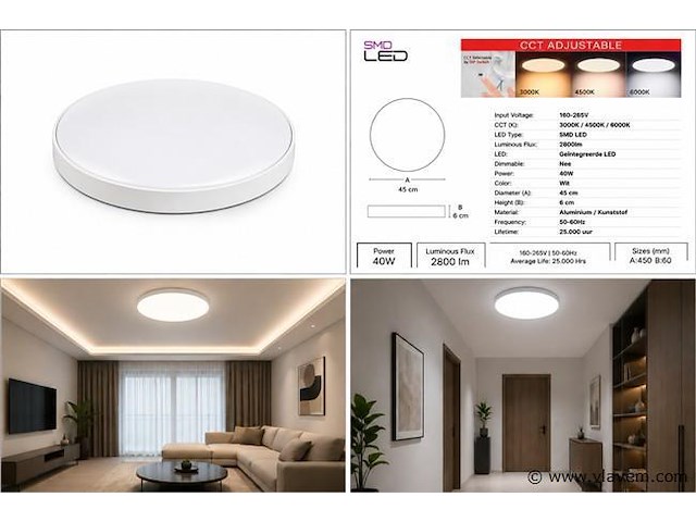 8 x led plafondlamp 40w – 3cct verstelbaar - wit – ip20 – hazel-40 3cct - afbeelding 5 van  5