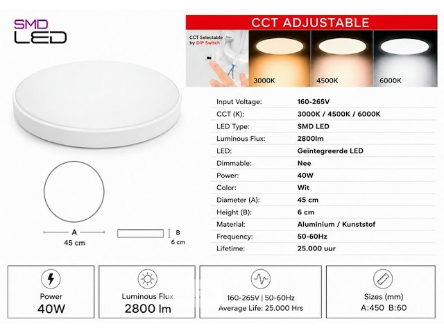 8 x led plafondlamp 40w – 3cct verstelbaar - wit – ip20 – hazel-40 3cct - afbeelding 5 van  6