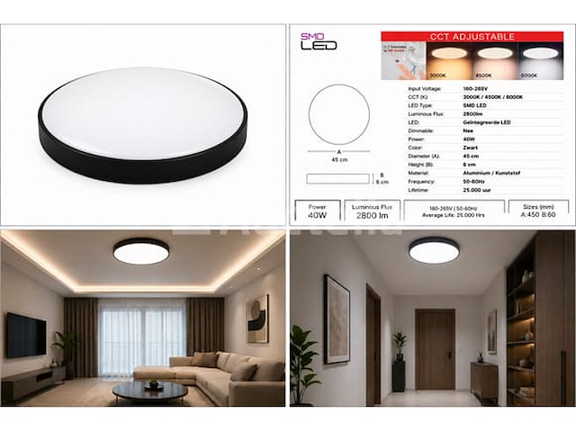 8 x led plafondlamp 40w – 3cct verstelbaar - zwart – ip20 – hazel-40 3cct - afbeelding 1 van  5