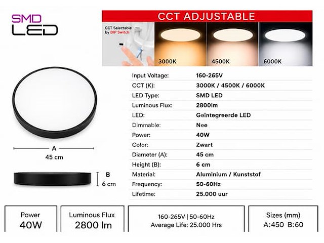 8 x led plafondlamp 40w – 3cct verstelbaar - zwart – ip20 – hazel-40 3cct - afbeelding 5 van  5