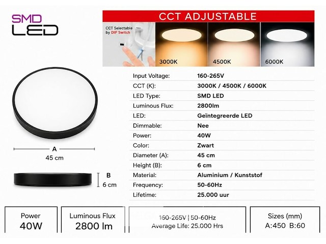 8 x led plafondlamp 40w – 3cct verstelbaar - zwart – ip20 – hazel-40 3cct - afbeelding 5 van  6