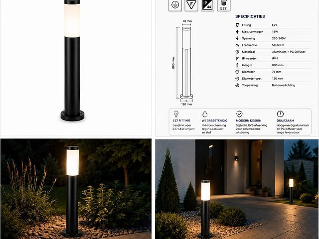 8 x led tuinlamp – e27 – ip44 – zwart – 80cm – buitenverlichting – kavak-5 - afbeelding 2 van  5