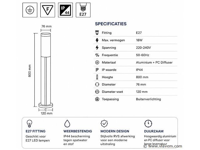 8 x led tuinlamp – e27 – ip44 – zwart – 80cm – buitenverlichting – kavak-5 - afbeelding 4 van  5