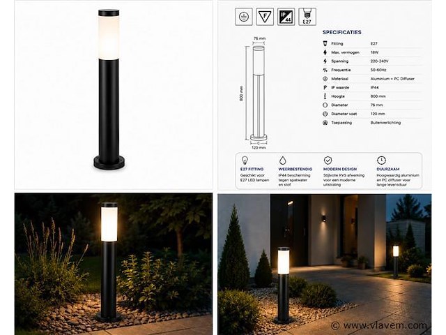 8 x led tuinlamp – e27 – ip44 – zwart – 80cm – buitenverlichting – kavak-5 - afbeelding 5 van  5