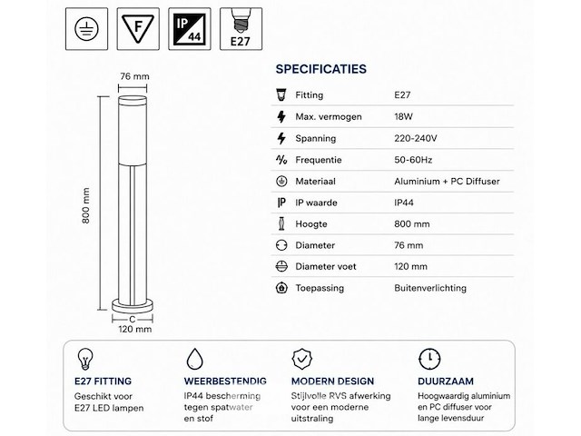8 x led tuinlamp – e27 – ip44 – zwart – 80cm – buitenverlichting – kavak-5 - afbeelding 5 van  6