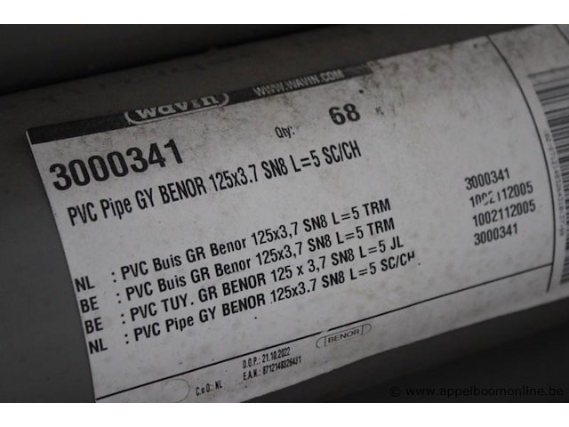 85 pvc buizen , diameter 125mm, wanddikte 3.7mm, lengte 5m - afbeelding 3 van  3