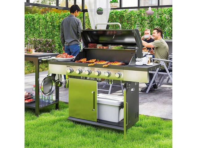 8500 btu gasgrill met karretje, 6 branders roestvrij staal - afbeelding 1 van  9