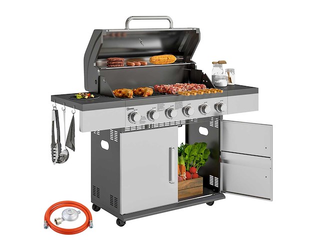 8500 btu gasgrill met karretje, 6 branders roestvrij staal - afbeelding 2 van  9