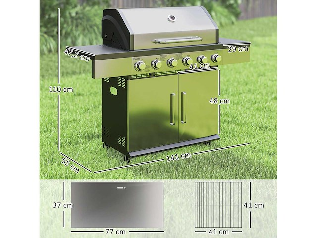 8500 btu gasgrill met karretje, 6 branders roestvrij staal - afbeelding 3 van  9